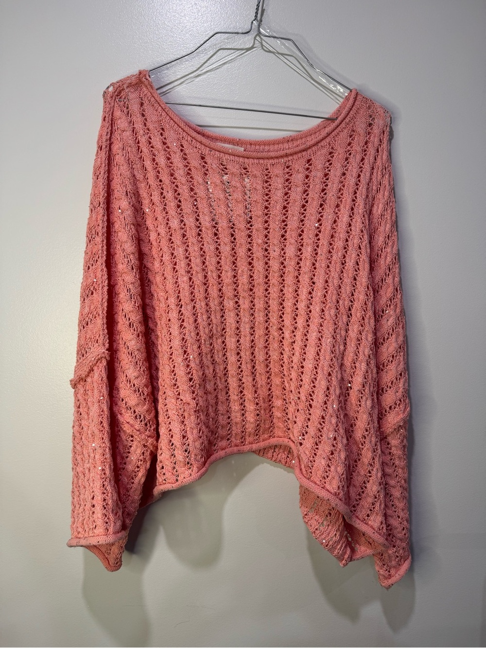 POL Coral-Pink Off-the-Shoulder Open-Knit Sweater